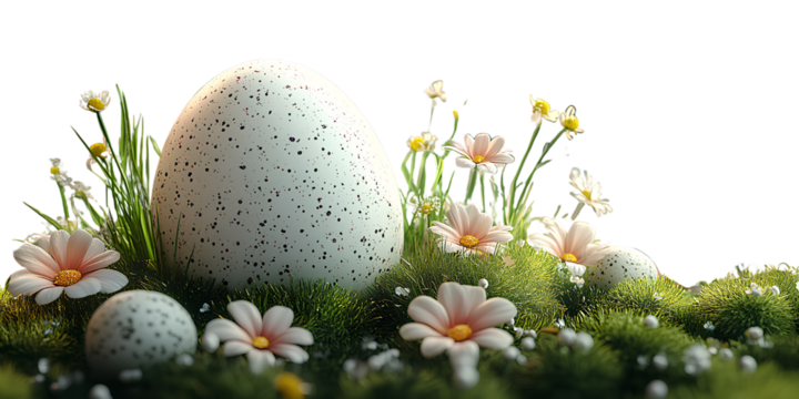 A white Easter egg with speckles, surrounded by grass and flowers on an isolated background. A 3D rendering illustration of Easter eggs in a white color, with a 2D cartoon design and a transparent bac