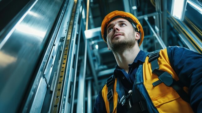 A young man in a hard hat and safety vest standing in a large, industrial setting with metal beams and machinery. - Powered by Adobe