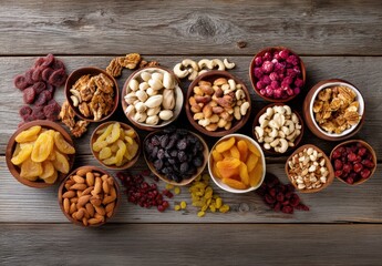 Assorted dried fruits and nuts in rustic wooden bowls on a textured wooden table.