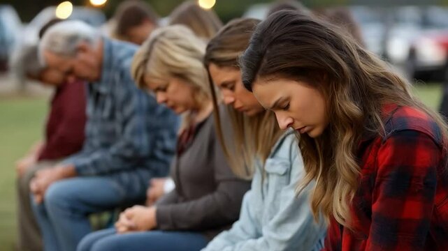 Group of people praying at an outdoor church gathering