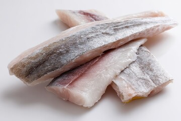 raw hake fillets against a white backdrop