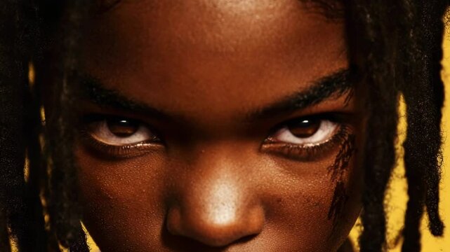 A close-up portrait of a young person with intense eyes and natural dreadlocks against a yellow background.