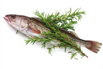 Raw hake on a white backdrop with rosemary