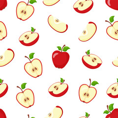Red apples pattern. Cross section of cut apple, slices and whole fruit, hand drawn vector illustration.