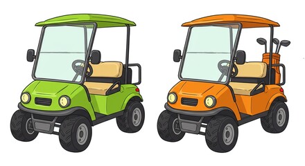 Two Golf Carts Green and Orange Golf Cart Illustration