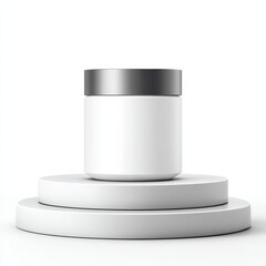 Minimalist white cosmetic jar with silver lid displayed on round white podium against a clean background.