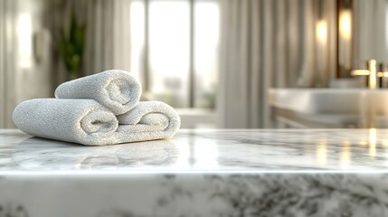 Stacked white towels on marble countertop in bathroom with lamps and window.