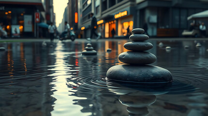 Minimalist zen stones floating on calm water with soft reflections and muted natural colors. Clean composition that evokes peace and stillness, Created with generated AI.