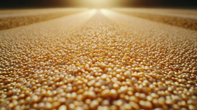 A close-up view of countless corn kernels spread out under warm sunlight, creating a golden textured surface.