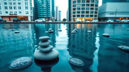 Minimalist zen stones floating on calm water with soft reflections and muted natural colors. Clean composition that evokes peace and stillness, Created with generated AI.
