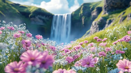 Obraz premium Lush meadow with waterfall backdrop. A vibrant landscape featuring a cascading waterfall, set against a backdrop of verdant hills and cliffs 