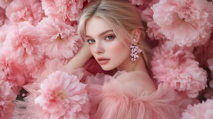 Portrait of a beautiful blonde woman of angelic beauty among pink peonies with tulle and floral earrings, magazine cover, cosmetics, spa