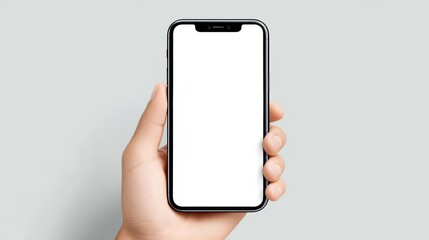 A hand holding a smartphone with a blank white screen against a plain background.