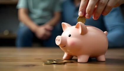 cropped view of man puting in piggy bank coin on wooden background