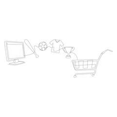 Continuous line drawing of online sports shopping concept with computer, football, jersey, trophy and cart