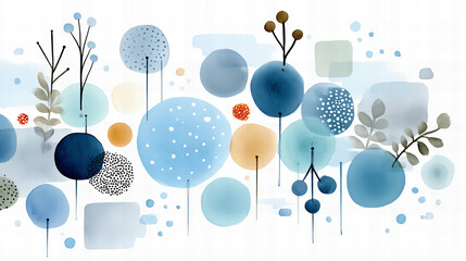 Abstract Watercolor Composition Featuring Blue And Beige Circles Squares And Leafy Branch Elements On White Background