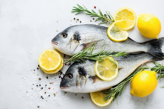 Raw snapper with lemon rosemary salt and pepper on a white surface Healthy eating concept Overhead view empty space