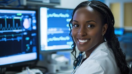 Fototapeta premium A female doctor in a white coat, smiling, with a stethoscope around her neck, standing in a medical office with multiple computer monitors in the background.