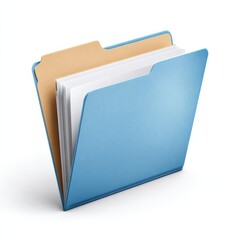 A blue file folder filled with documents, standing upright on a white background.
