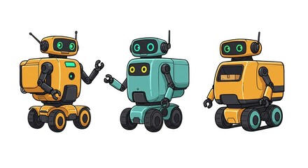 Fototapeta premium Friendly Delivery Robots Teamwork Cartoon Illustration