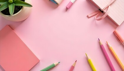 Close-up flat lay of neatly organized pink school supplies on a blush pink backdrop, sharp focus, shallow depth of field, clean and bright.