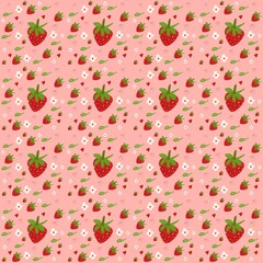 Strawberry seamless pattern with white leaves and flowers. soft pink background. can be used for clothing design, paper, decor.