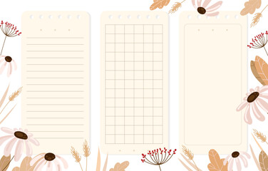 Notepad paper templates with lined grid and blank pages Vector set decorated with soft floral elements ideal for planners journals scrapbooking digital stationery printables and bullet journal layouts