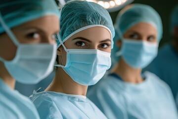 Team of doctors in protective masks working diligently in a surgical setting
