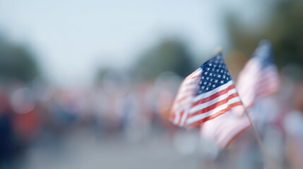 American flags waving in community parade, symbolizing unity and patriotism