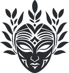 Abstract tribal mask design with decorative foliage elements in black and white style