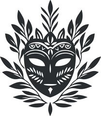 Black and white tribal mask illustration surrounded by decorative leafy foliage and abstract patterns