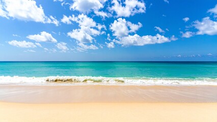 Obraz premium 明るくて広々とした真夏の砂浜と海 背景素材 チラシ・バナー・動画素材 AI生成素材
