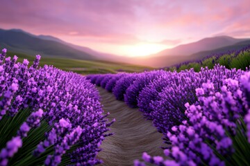 Obraz premium Stunning lavender field at sunset with a winding dirt path between rows of vibrant purple lavender flowers. The dramatic sky features pink and purple hues as the sun sets behind distant mountains.