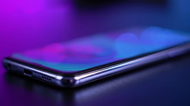 Close up on a smartphone with a blue screen lying flat on a smooth surface in a dark, moody, modern setting.