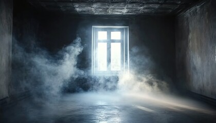Fototapeta premium Dim empty room with central lit window and white smoke