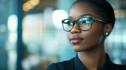 A young, dark-skinned woman with short, dark hair, wearing glasses, looking off into the distance with a thoughtful expression.