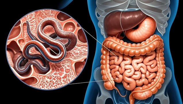 The diagram of the human gut and parasites represents health, medicine, and prevention, conveying the concept of concern for gut health and prevention of parasitic hazards.