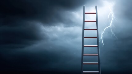 A ladder stands against a dark stormy sky with lightning striking in the background.