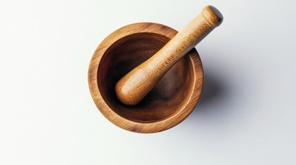 Culinary tool, wooden mortar and pestle flat lay isolated on bright white surface