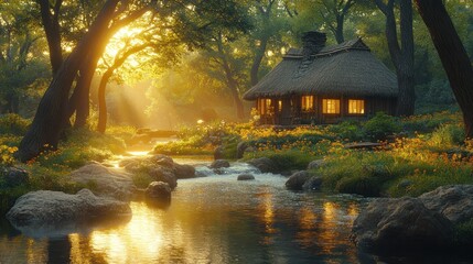 Sunrise illuminates a thatched cottage nestled beside a tranquil stream in a lush forest.