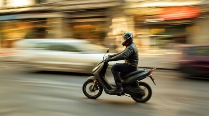 Obraz premium A man riding a black electric scooter through a city street, wearing a black helmet and leather jacket, with a blurred background of urban buildings and cars.