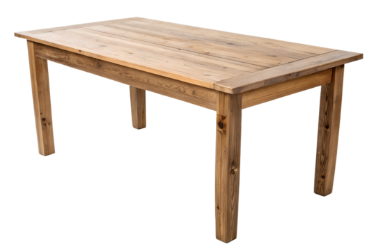 Wooden dining table, rustic farmhouse style, solid oak construction, rectangular shape, natural wood grain, light brown color, sturdy legs, simple design