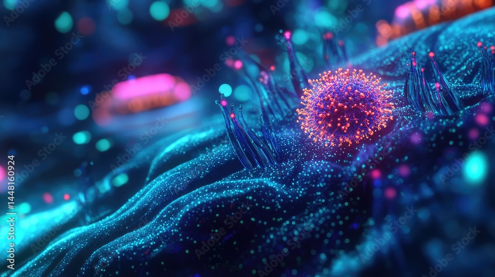 Poster digital illustration of single cell surrounded by data structures, microscopy background with vibran