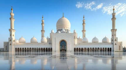 A majestic mosque at the heart of a desert oasis, surrounded by dunes and clear blue skies