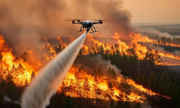 Forest fire suppression with aerial drone spraying water, firefighting