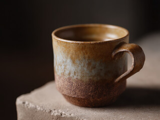 Handmade clay mug with mountain textures on rustic surface