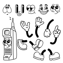 set of carton groovy mobile phone icons. hand drawn vector illustration body part, face, hand, foot