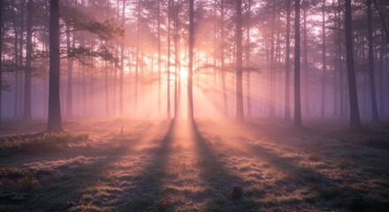 Fototapeta premium The sun's rays pierce through the misty trees of a beautiful, early morning forest scene.