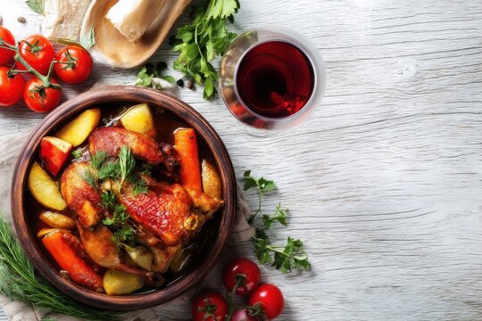 Rooster cooked with vegetables a fresh and healthy dish presented on a rustic table with space for text