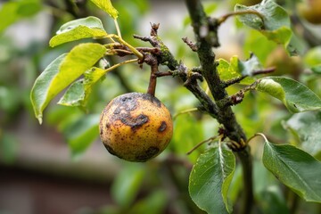 Rotten pear on tree Monilia laxa infestation plant disease causing lost harvest Agricultural issue